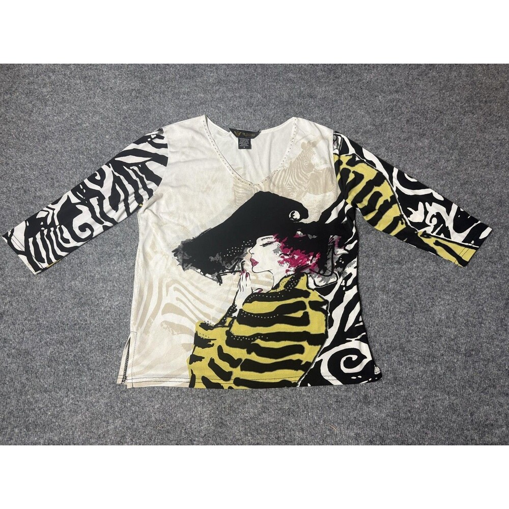 Valentina Shirt Womens S Multicolor V Neck 3/4 Sleeve Art Zebra Rhinestone